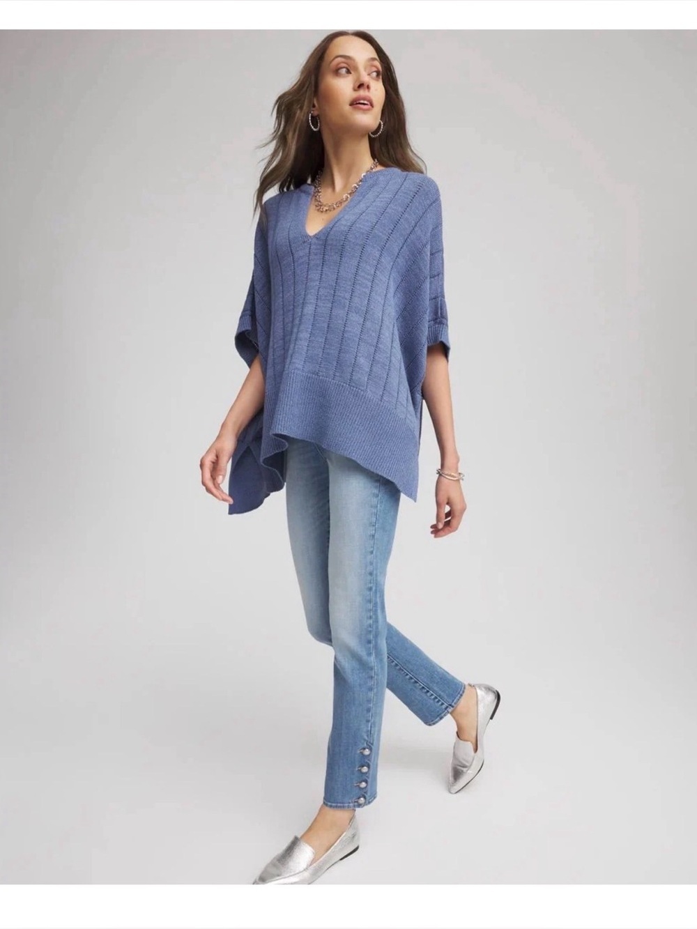 Chico’s Collection split neck, short sleeve poncho oversized one size fit knit